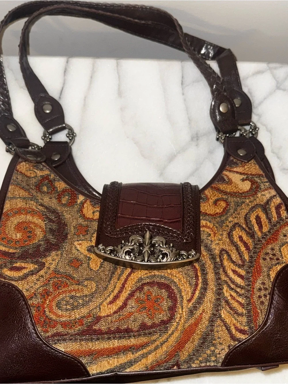 VTG Bueno Brown Carpet Bag Leather w Silver Accents Snap Pockets on Each Side